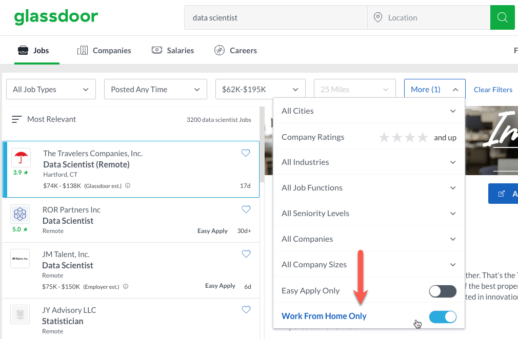 Finding remote DS jobs on Glassdoor.com